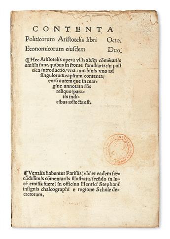 ARISTOTLE.  Politicorum . . . libri octo. Economicorum eiusdem duo.  1515